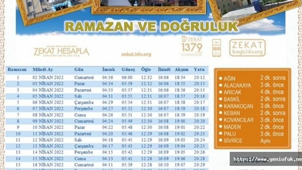 ELAZIĞ İFTAR VE SAHUR SAATLERİ BELLİ OLDU